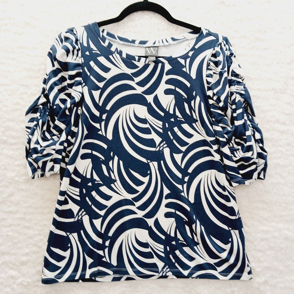 T-Shirt Navy Beige Ruched Sleeve Boho Retro Casual Art Teacher Vacation Size L